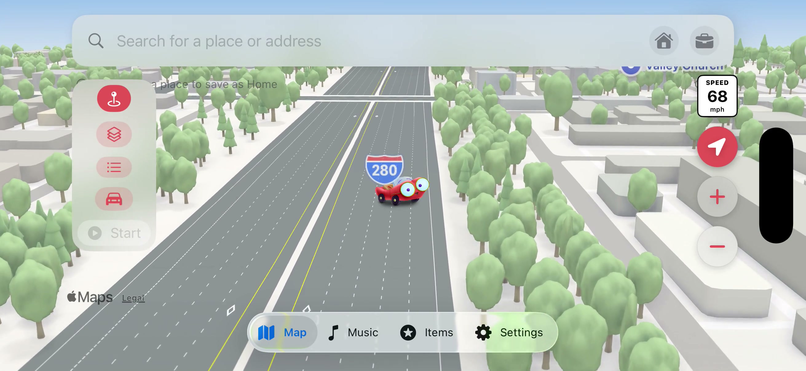 Hey Beep Beep turn-by-turn navigation with the mascot car on the map